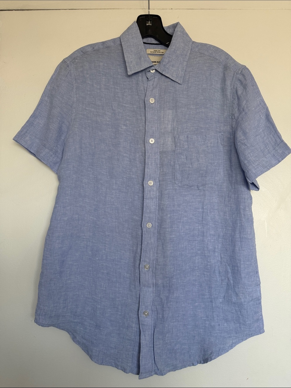 Thom Aaron 100% European Linen Short Sleeve Button Down Blue Shirt Small NWT
